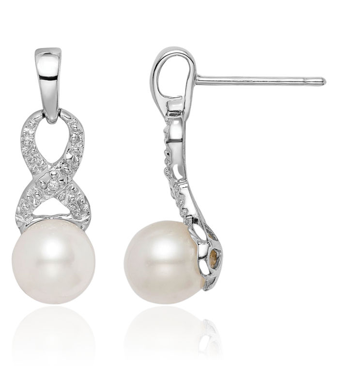 925 Sterling Silver Diamond Freshwater Cultured Pearl Drop Dangle Earrings June Birthstone Jewelry