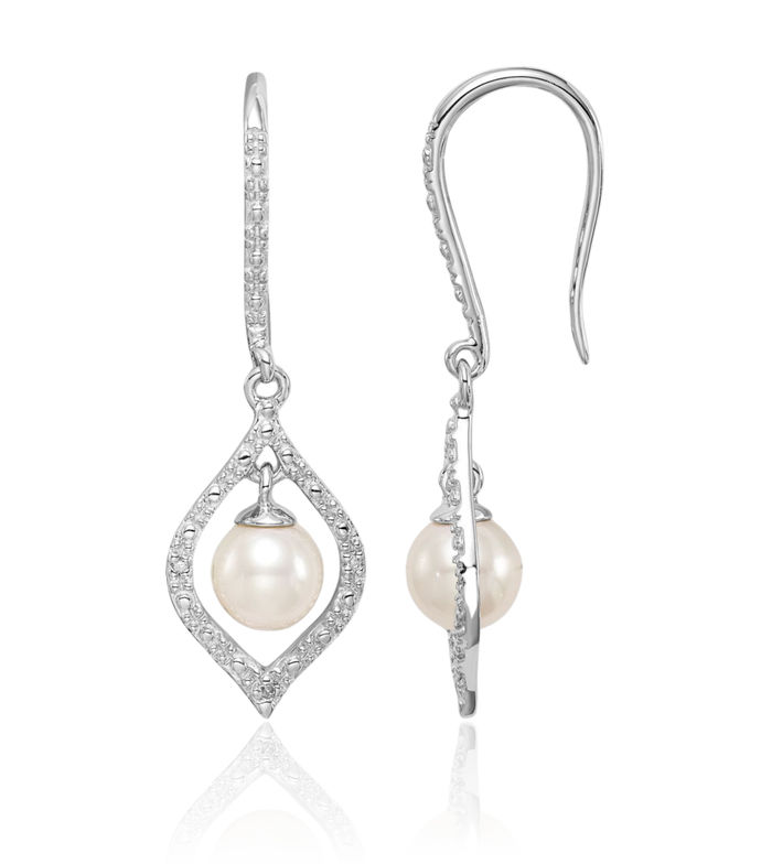 925 Sterling Silver Diamond Freshwater Cultured Pearl Drop Dangle Earrings June Birthstone Jewelry