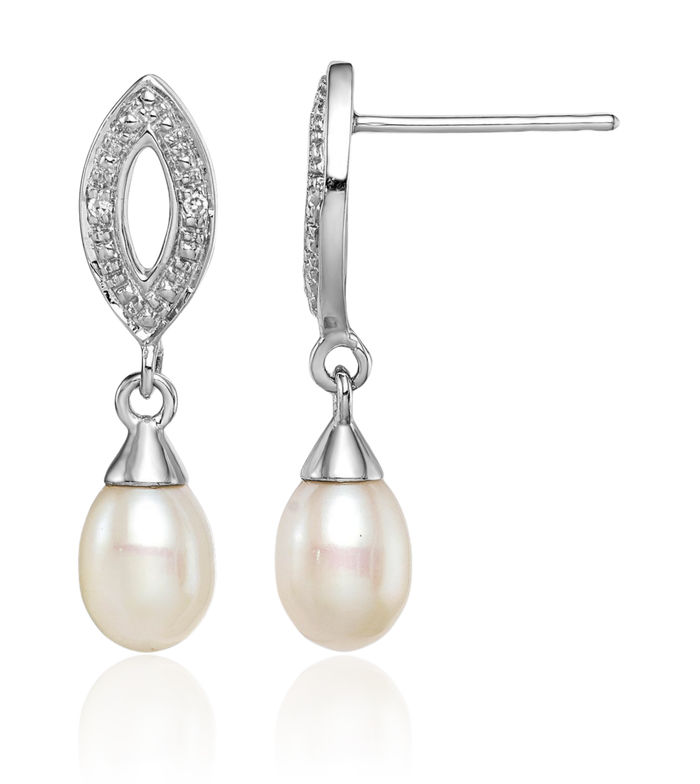 925 Sterling Silver Diamond Freshwater Cultured Pearl Drop Dangle Earrings June Birthstone Jewelry