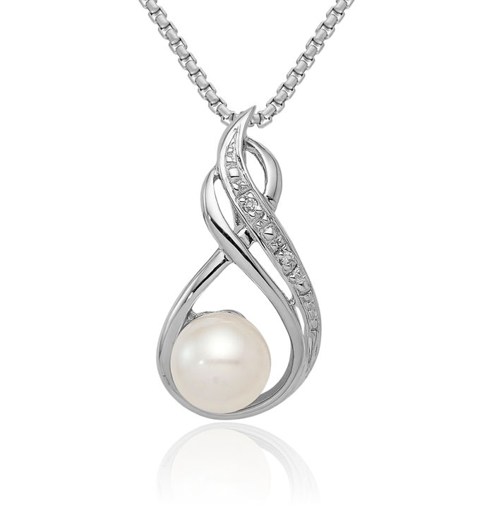 925 Sterling Silver Diamond Freshwater Cultured Pearl Floating Chain Slide Pendant Necklace Charm