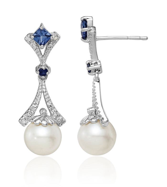 925 Sterling Silver Diamond Freshwater Cultured Pearl Lab Blue Sapphire Drop Dangle Earrings June Birthstone Jewelry