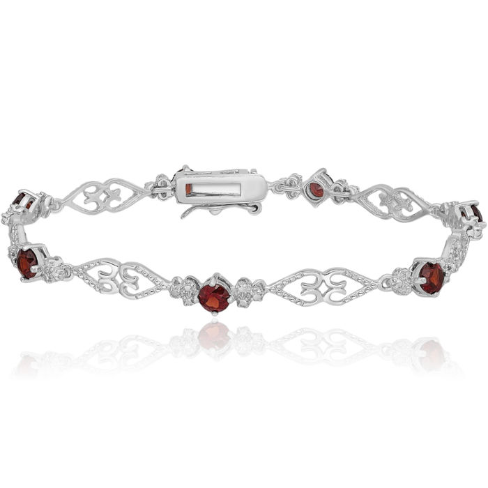 925 Sterling Silver Diamond Red Garnet Chain Tennis Charm Bracelet