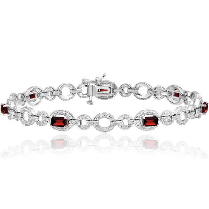 925 Sterling Silver Diamond Red Garnet Oval Cable Rolo Link Chain Bracelet