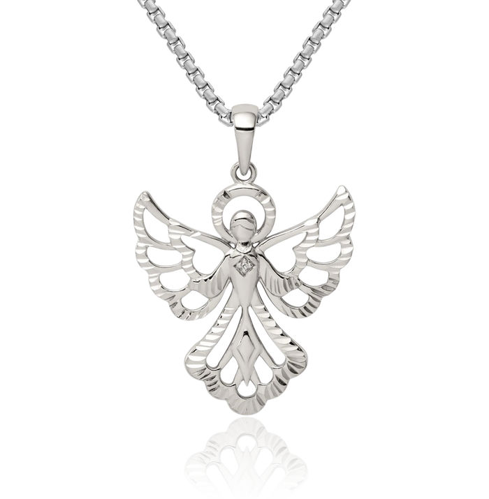 925 Sterling Silver Diamond Guardian Angel Wings Necklace Protect Us Cherub Pendant Religious Charm