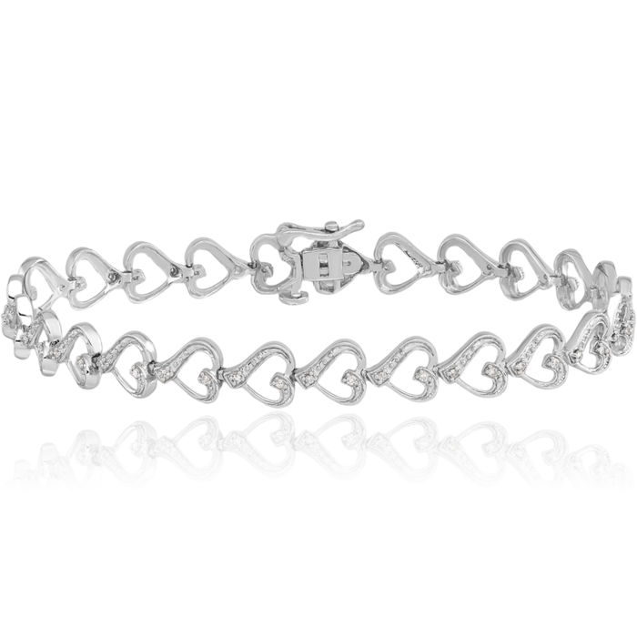 925 Sterling Silver Diamond Heart Chain Tennis Charm Bracelet