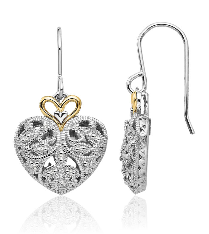 925 Sterling Silver Diamond Vintage Heart Drop Dangle Earrings