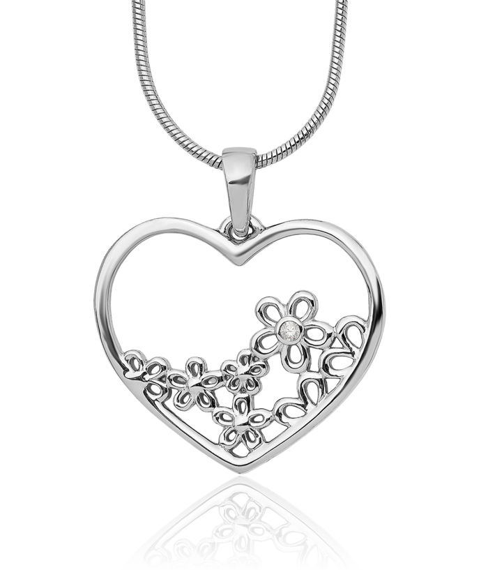 925 Sterling Silver Diamond Heart Flower Chain Necklace