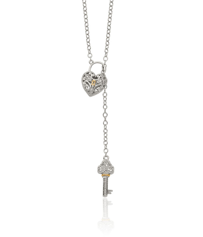 925 Sterling Silver Diamond Heart Lock Key Chain Necklace