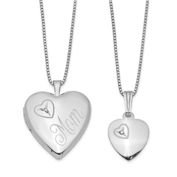 925 Sterling Silver Diamond Heart Mom Personalized Photo Locket Necklace Mama Charm Mother Pendant Set