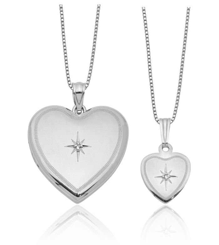 925 Sterling Silver Diamond Heart Personalized Photo Locket Necklace Picture Pendant Charm Set