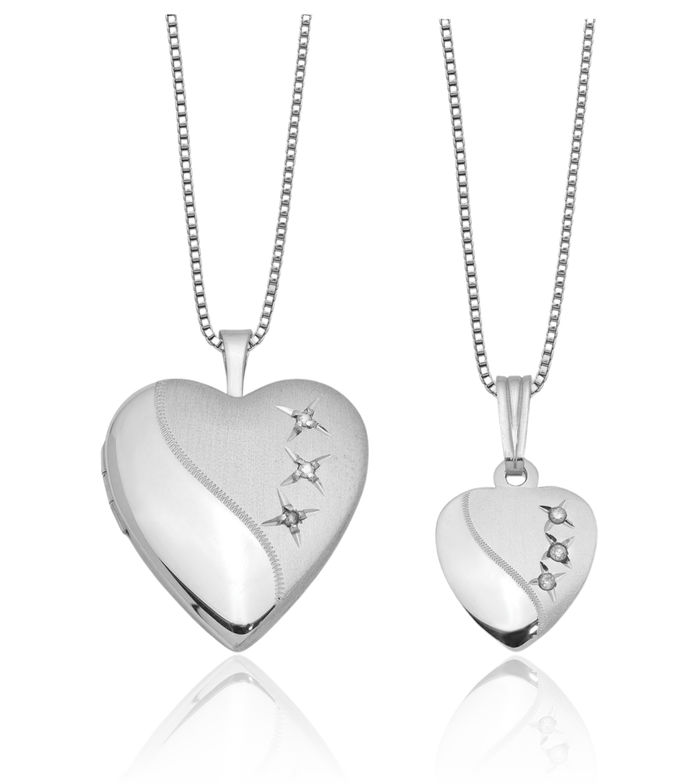 925 Sterling Silver Diamond Heart Personalized Photo Locket Necklace Picture Pendant Charm Set