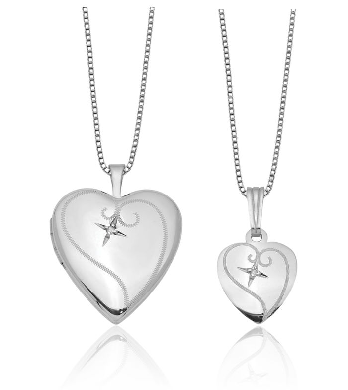 925 Sterling Silver Diamond Heart Personalized Photo Locket Necklace Picture Pendant Charm Set