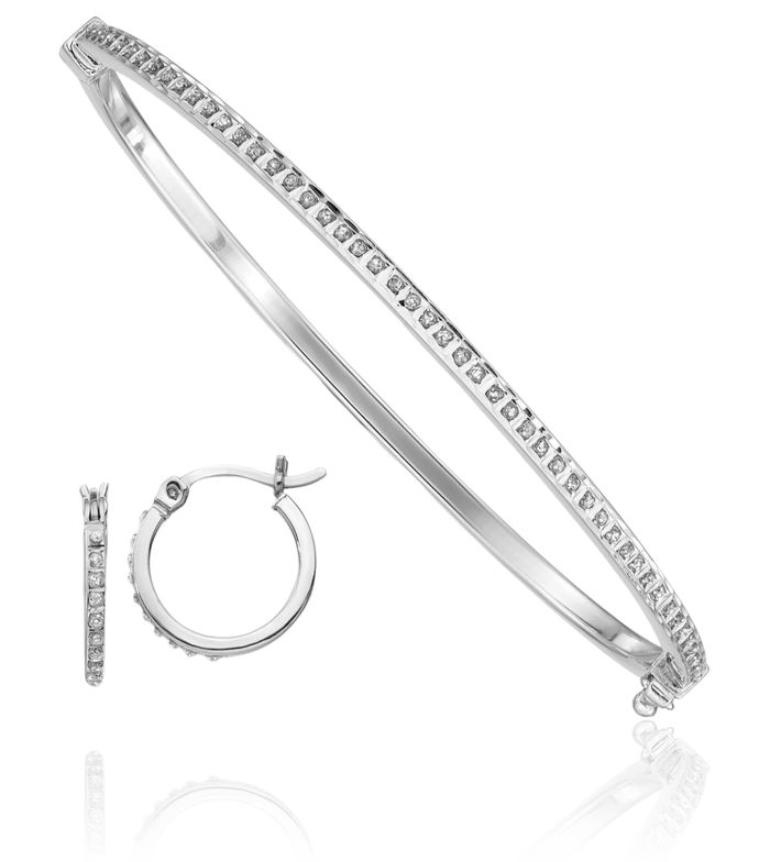 925 Sterling Silver Diamond Hoop Earrings Bangle Bracelet Set