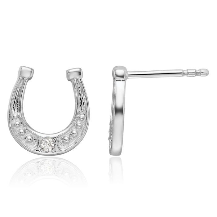 925 Sterling Silver Diamond Lucky Horseshoe Studs Animal Lover Earrings Equestrian Jewelry