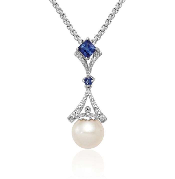 925 Sterling Silver Diamond Lab Blue Sapphire Freshwater Cultured Pearl Necklace Gemstone Pendant Charm