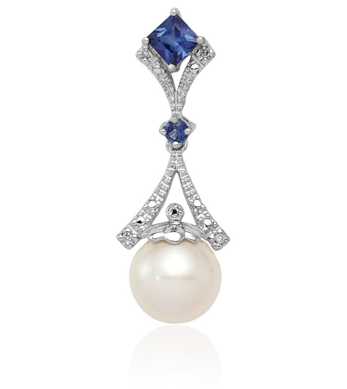 925 Sterling Silver Diamond Lab Blue Sapphire Freshwater Cultured Pearl Necklace Gemstone Pendant Charm