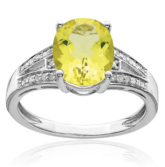 925 Sterling Silver Diamond Oval Lemon Quartz Ring Gemstone Band