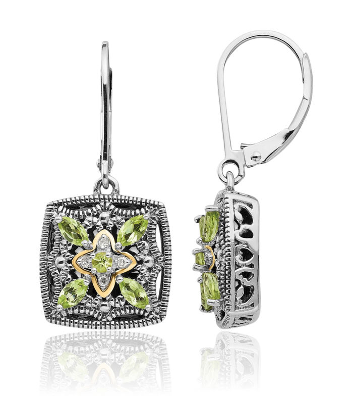 925 Sterling Silver Vintage Diamond Marquise Green Peridot Drop Dangle Earrings