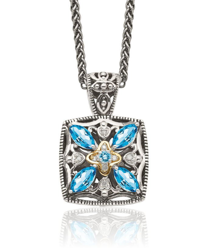 925 Sterling Silver Vintage Diamond Marquise Swiss Blue Topaz Chain Necklace Gemstone Pendant Charm
