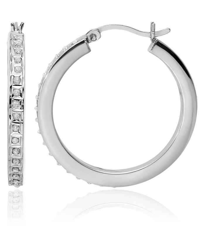 925 Sterling Silver Diamond Medium Hoop Earrings