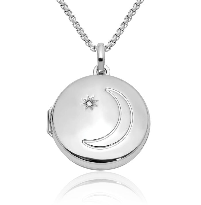 925 Sterling Silver Diamond Crescent Moon Star Round Personalized Photo Locket Necklace Picture Pendant Charm