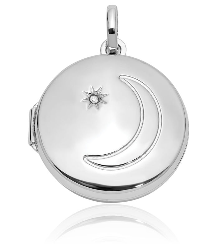 925 Sterling Silver Diamond Crescent Moon Star Round Personalized Photo Locket Necklace Picture Pendant Charm