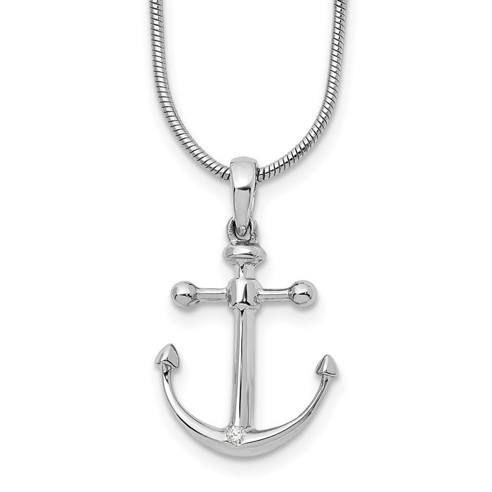 925 Sterling Silver Diamond Anchor Mariner Link Chain Necklace
