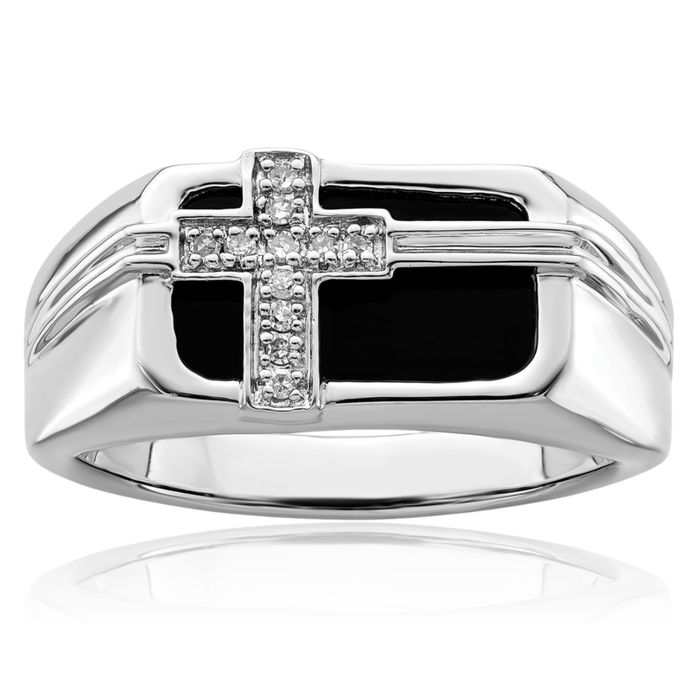 925 Sterling Silver Diamond Black Onyx Holy Cross Mens Ring Gemstone Band Christian Religious