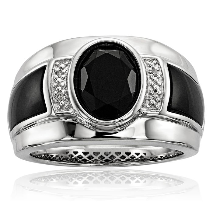 925 Sterling Silver Diamond Black Onyx Mens Ring Gemstone Band