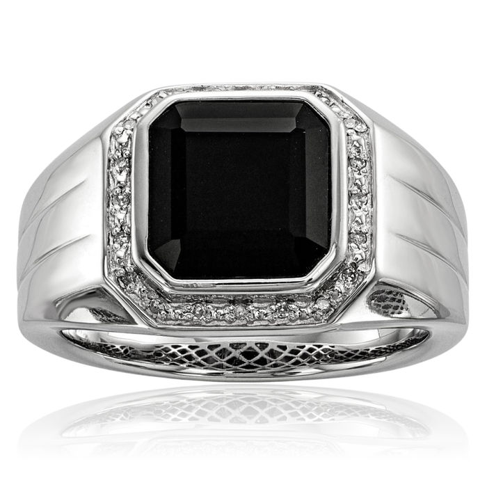 925 Sterling Silver Diamond Black Onyx Square Mens Ring Gemstone Band