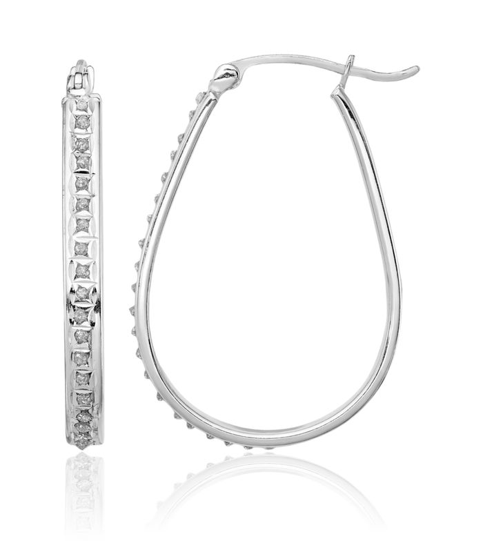 925 Sterling Silver Diamond Oval Medium Hoop Earrings