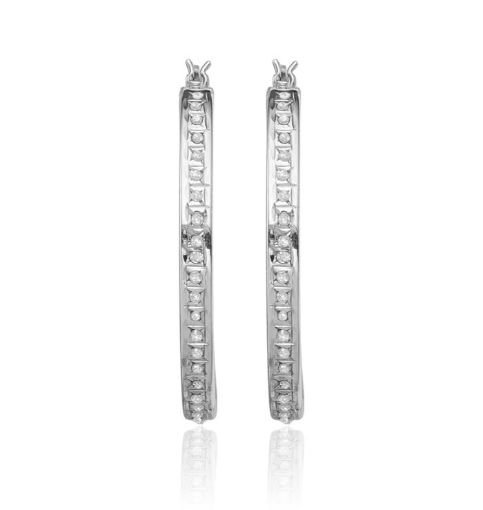 925 Sterling Silver Diamond Oval Medium Hoop Earrings