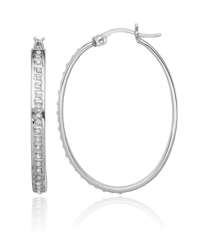 925 Sterling Silver Diamond Oval Medium Hoop Earrings