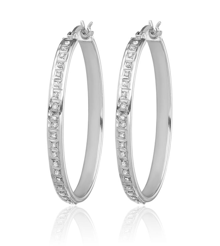 925 Sterling Silver Diamond Oval Medium Hoop Earrings