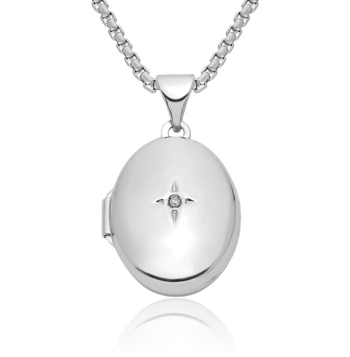 925 Sterling Silver Diamond Oval Personalized Photo Locket Necklace Picture Pendant Charm