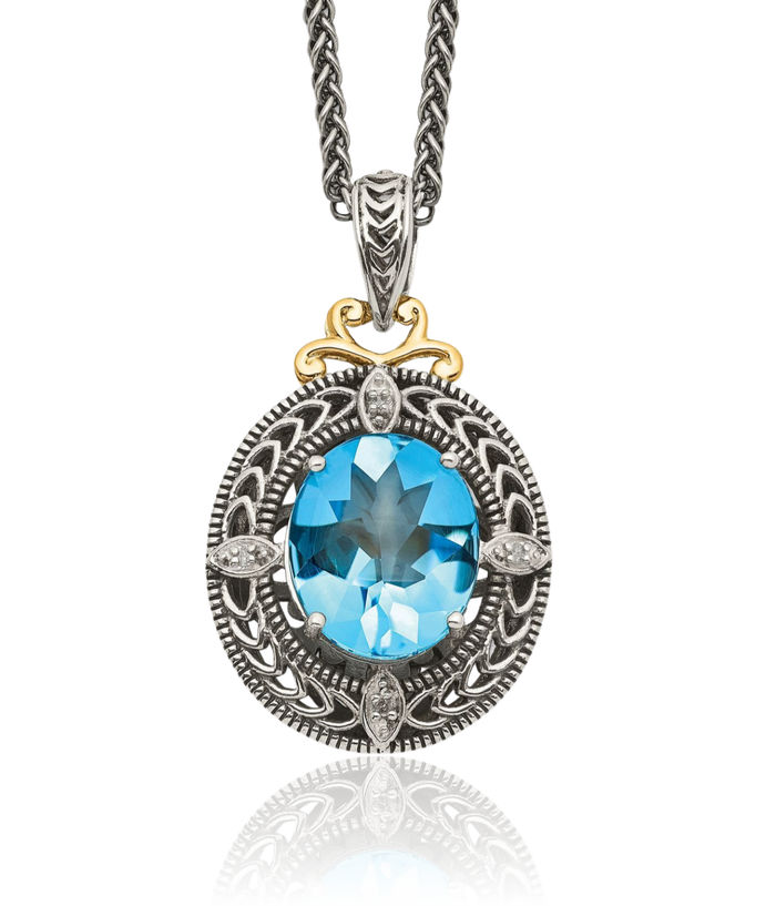 925 Sterling Silver Vintage Diamond Oval Swiss Blue Topaz Chain Necklace Gemstone Pendant Charm