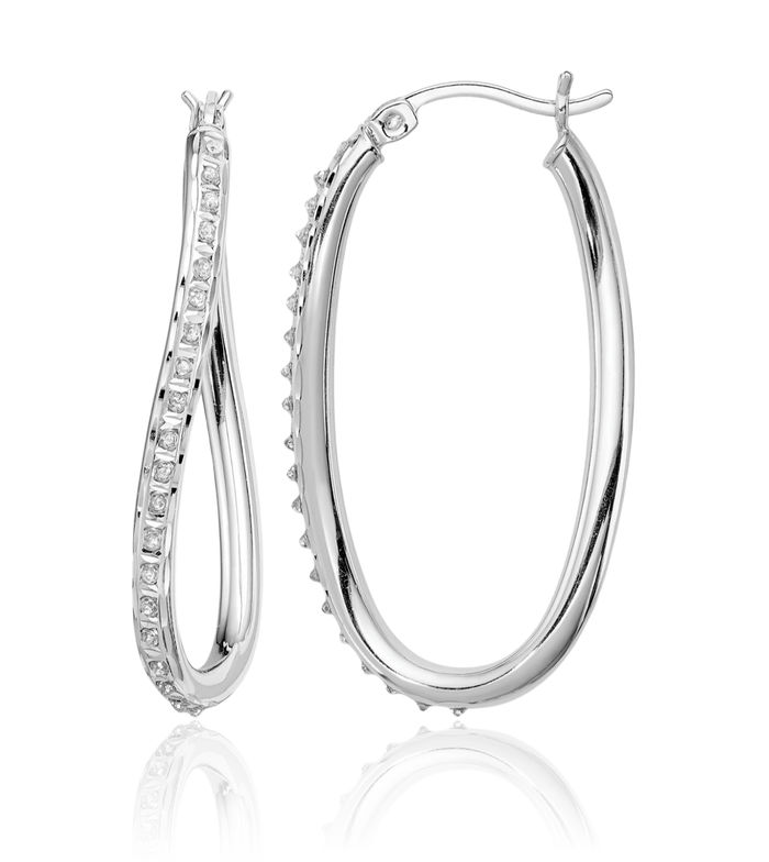 925 Sterling Silver Diamond Oval Twisted Medium Hoop Earrings