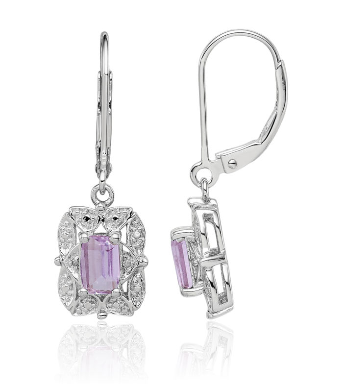 925 Sterling Silver Diamond Pink Quartz Drop Dangle Earrings