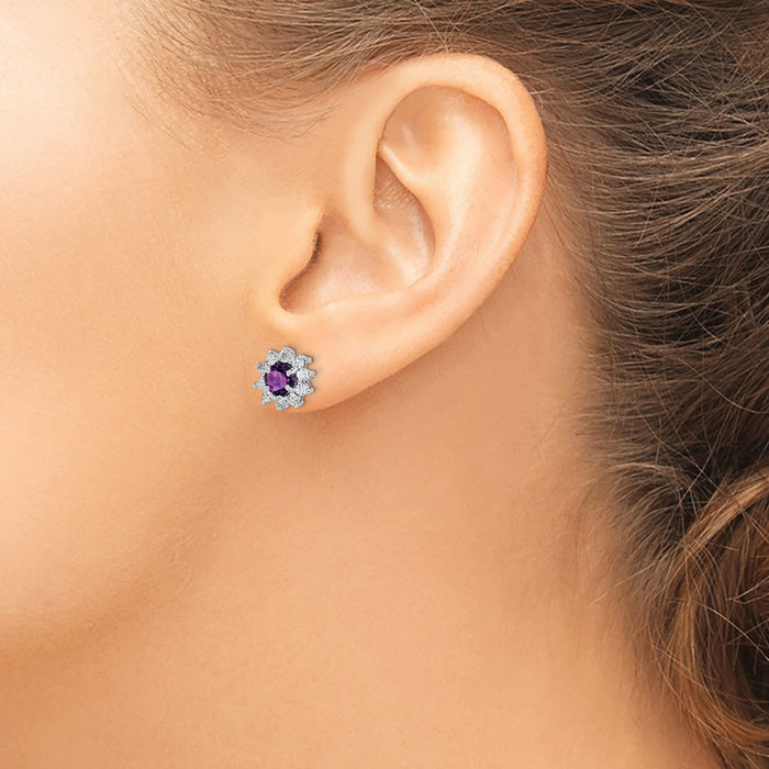 925 Sterling Silver Diamond Purple Amethyst Stud Earrings
