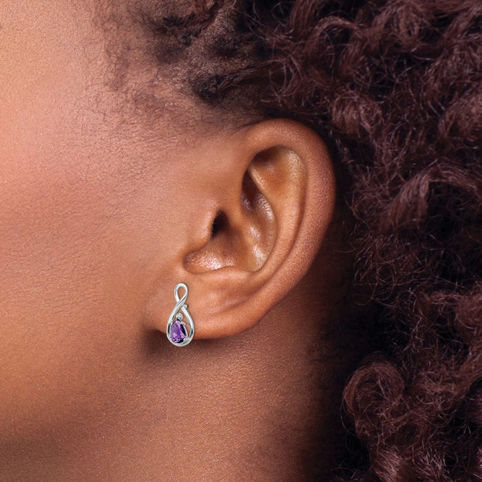 925 Sterling Silver Diamond Purple Amethyst Drop Dangle Earrings Pear Teardrop Gemstone