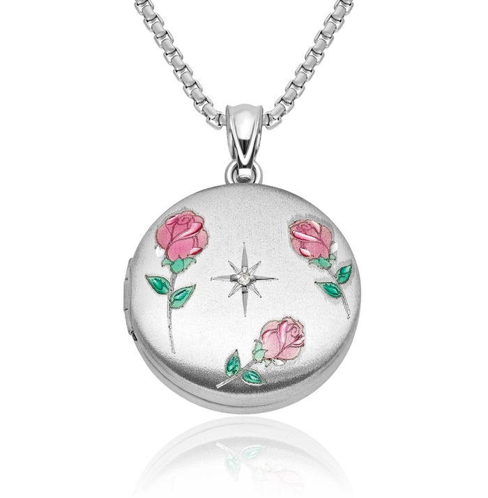 925 Sterling Silver Diamond Rose Flowers Round Personalized Photo Locket Necklace Picture Pendant Charm