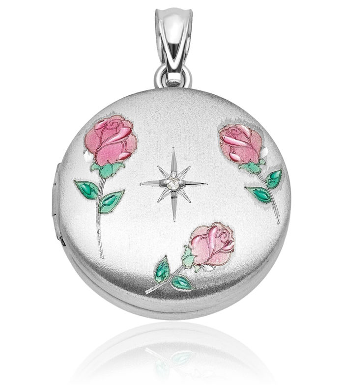 925 Sterling Silver Diamond Rose Flowers Round Personalized Photo Locket Necklace Picture Pendant Charm