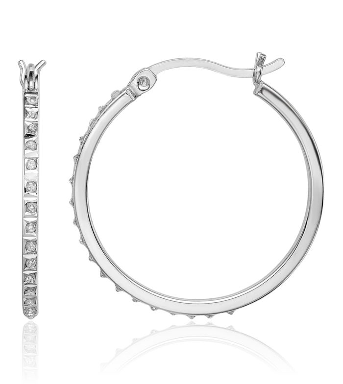 925 Sterling Silver Diamond Round Medium Hoop Earrings