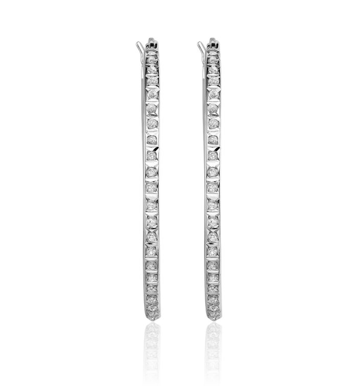 925 Sterling Silver Diamond Round Medium Hoop Earrings