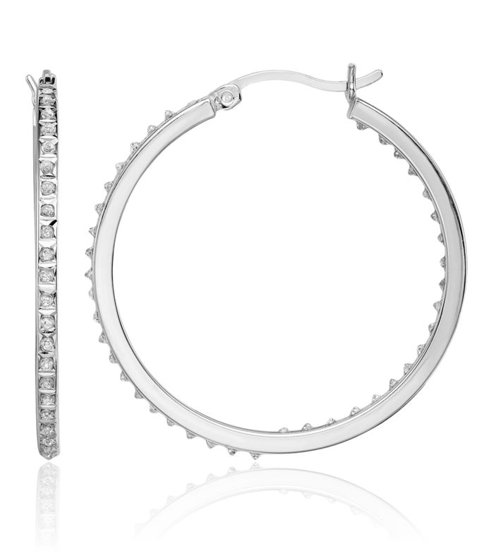 925 Sterling Silver Diamond Round Medium Hoop Earrings