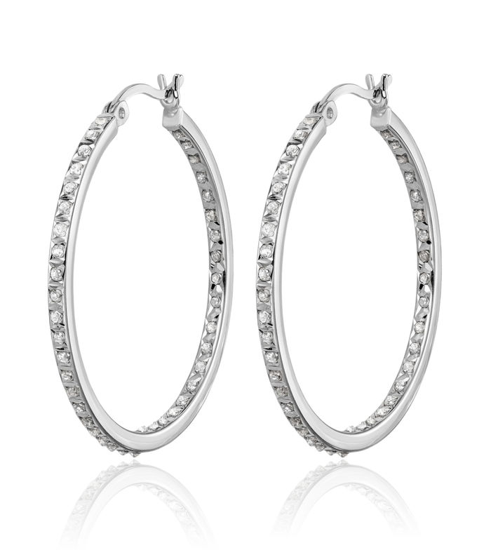 925 Sterling Silver Diamond Round Medium Hoop Earrings