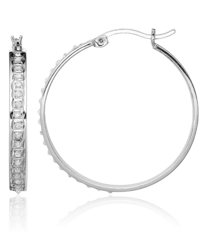 925 Sterling Silver Diamond Round Medium Hoop Earrings