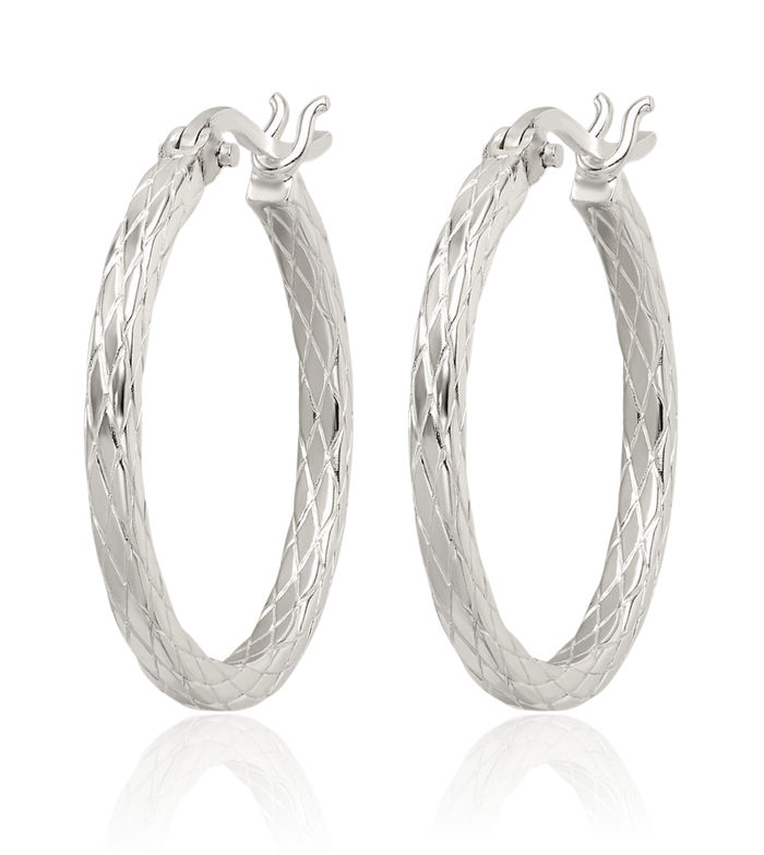 925 Sterling Silver Diamond Round Medium Hoop Earrings