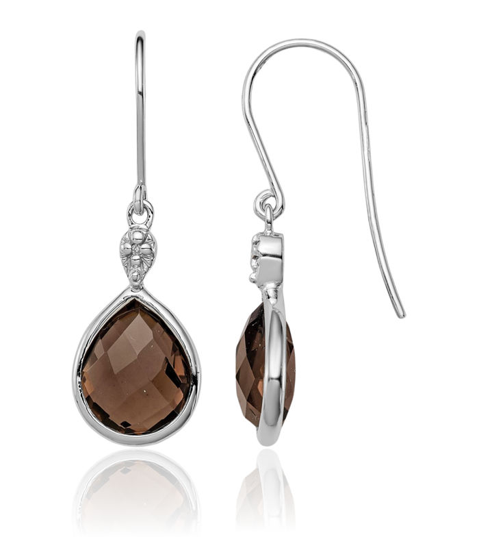 925 Sterling Silver Diamond Brown Smoky Quartz Drop Dangle Earrings Pear Teardrop Gemstone