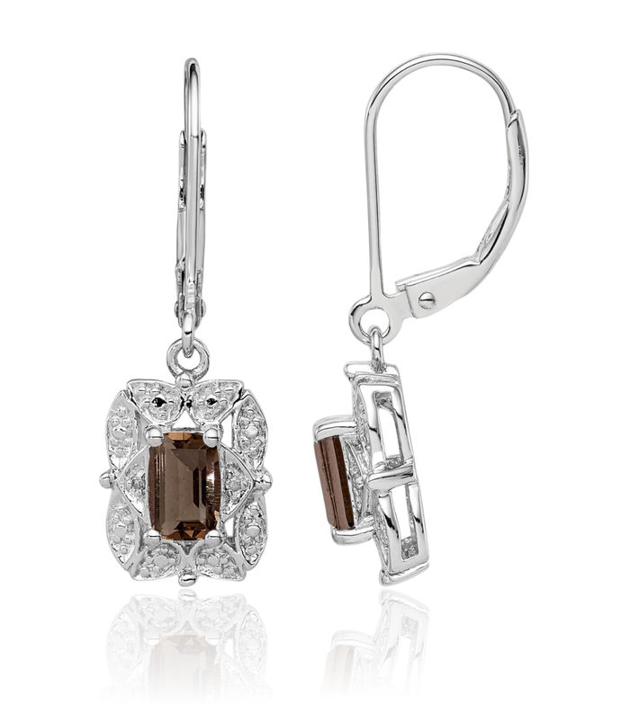 925 Sterling Silver Diamond Brown Smoky Quartz Drop Dangle Earrings